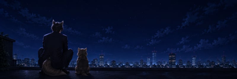 夜空を見上げる火浦と子犬