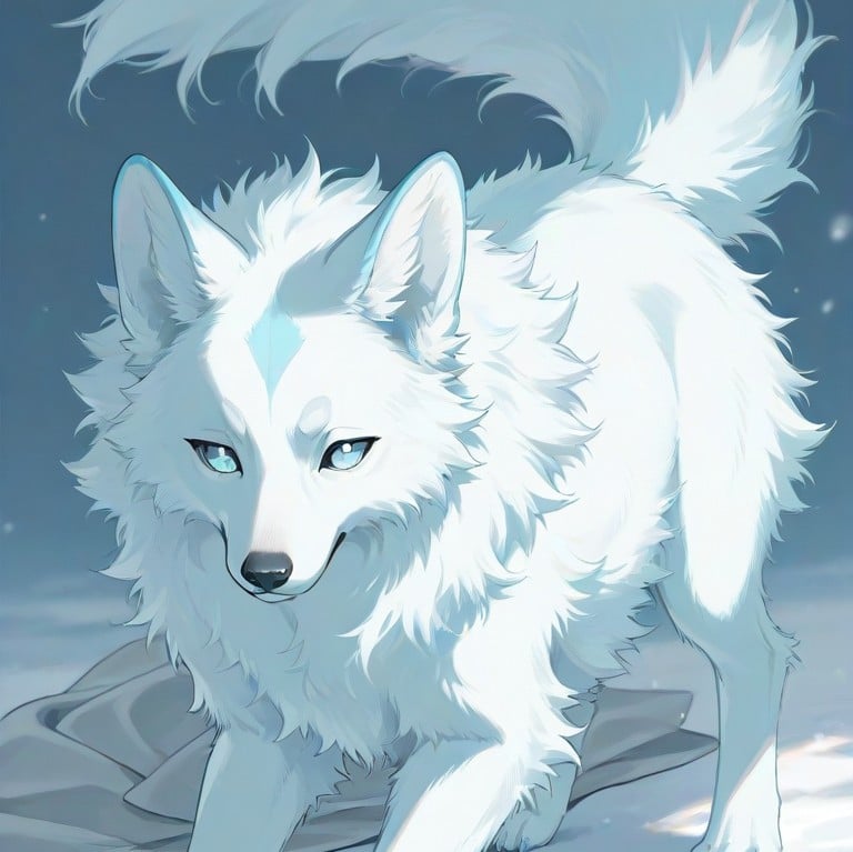 A small, fluffy white wolf cub with deep blue eyes, glowing faintly.