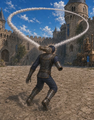 Gardo hit in the back of the head by a rocket fist that circled the castle and returned