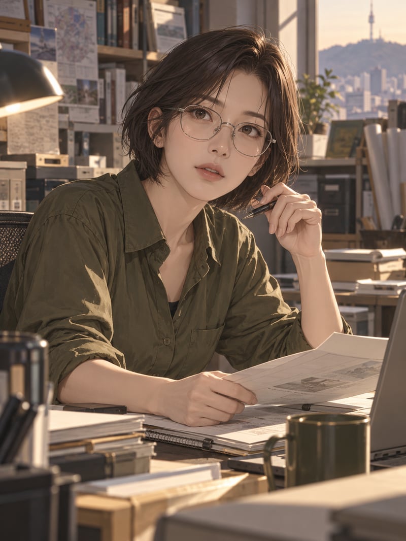 올리브색 작업 셔츠와 가는 은테 안경을 착용한 기록 담당 이서진.