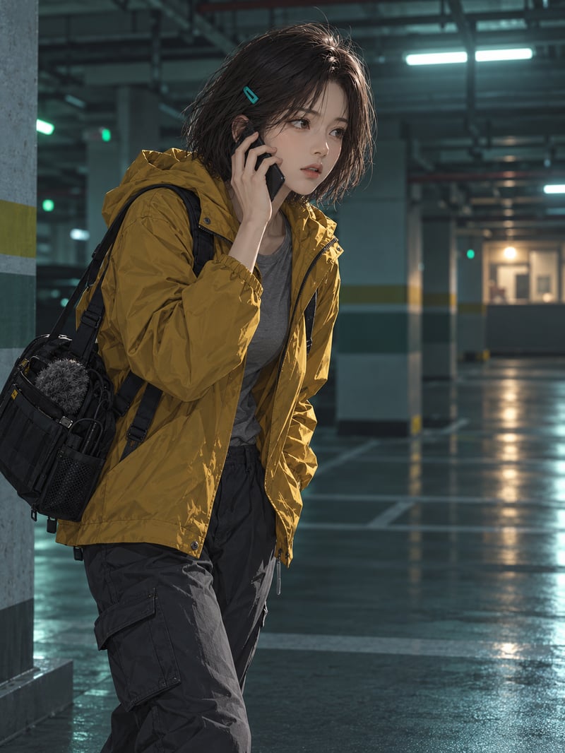 청람상가 주차장에서 전화기를 든 나유리. 겨자색 방수 재킷과 오른쪽 청록색 머리핀이 보인다.
