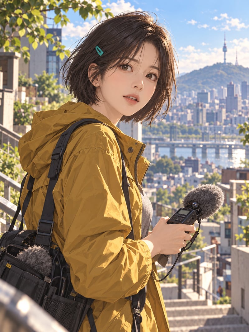 검은 단발머리 오른쪽에 청록색 머리핀을 꽂은 현장 음향 기록자 나유리.