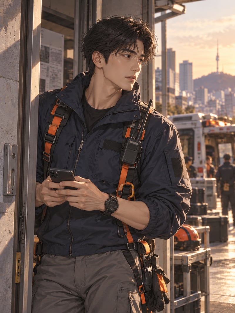 남색 현장 재킷과 주황색 장비 스트랩을 착용한 현장 연락 담당 백도현.