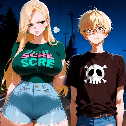 <Hitchhiking for a ride!>Twin siblings in the road